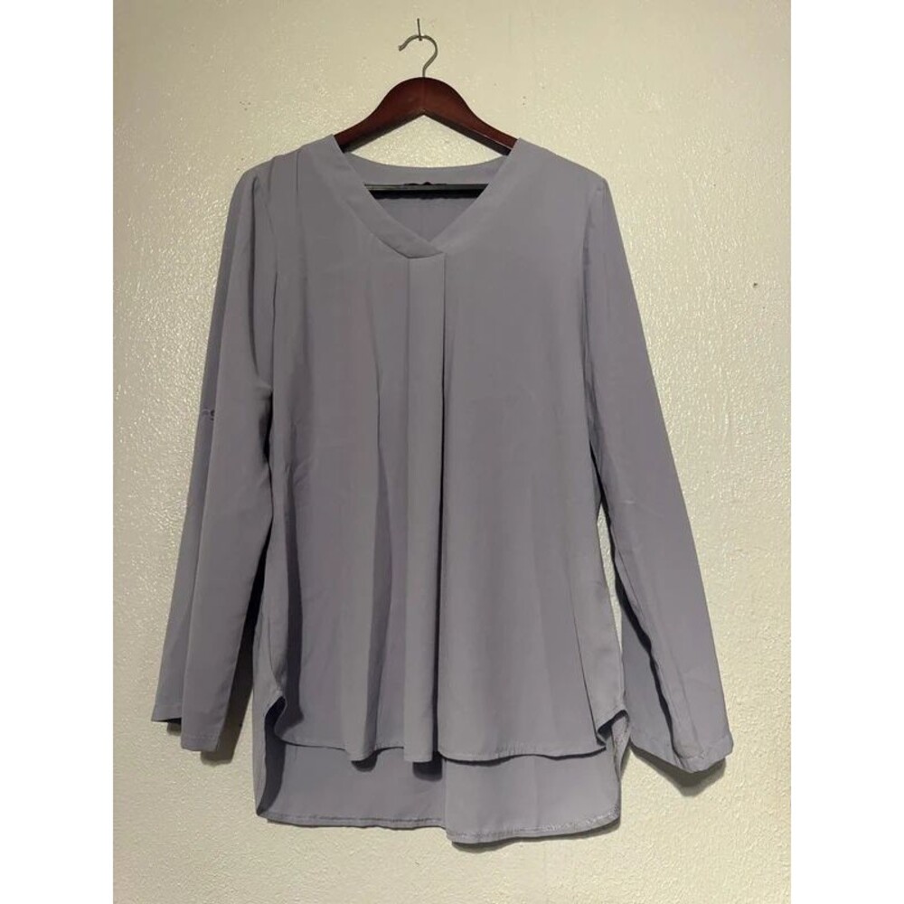 Youtalia Lavender Purple Pleated V-Neck Long Sleeve Blouse Top Office Large L